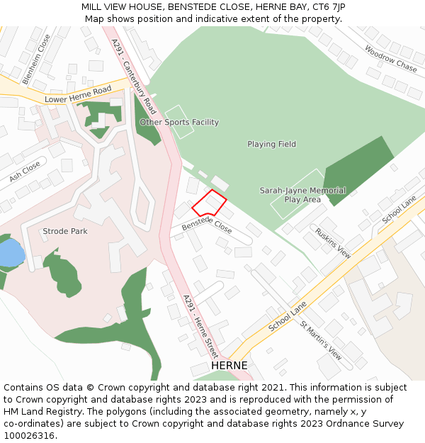MILL VIEW HOUSE, BENSTEDE CLOSE, HERNE BAY, CT6 7JP: Location map and indicative extent of plot