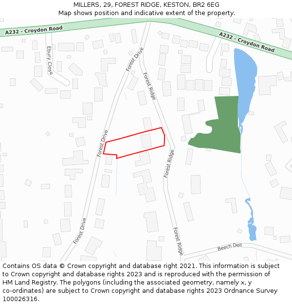 MILLERS, 29, FOREST RIDGE, KESTON, BR2 6EG: Location map and indicative extent of plot