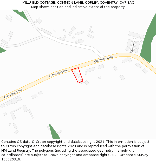 MILLFIELD COTTAGE, COMMON LANE, CORLEY, COVENTRY, CV7 8AQ: Location map and indicative extent of plot