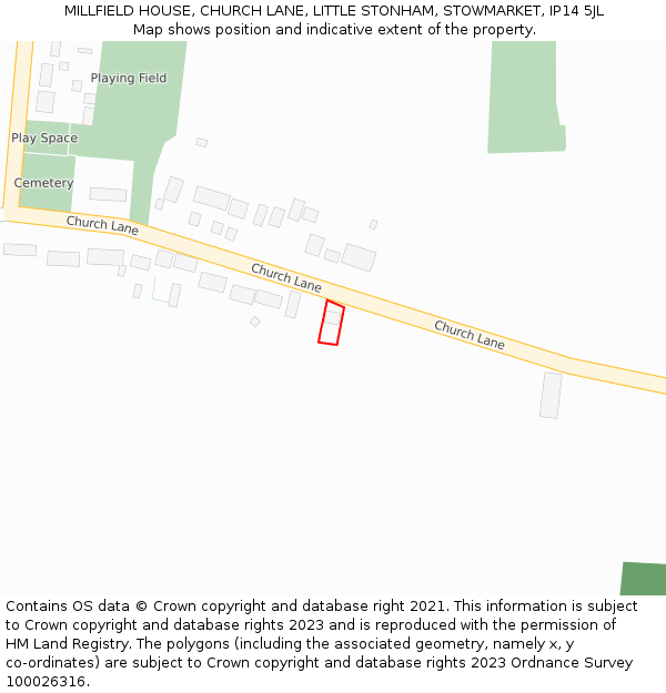 MILLFIELD HOUSE, CHURCH LANE, LITTLE STONHAM, STOWMARKET, IP14 5JL: Location map and indicative extent of plot