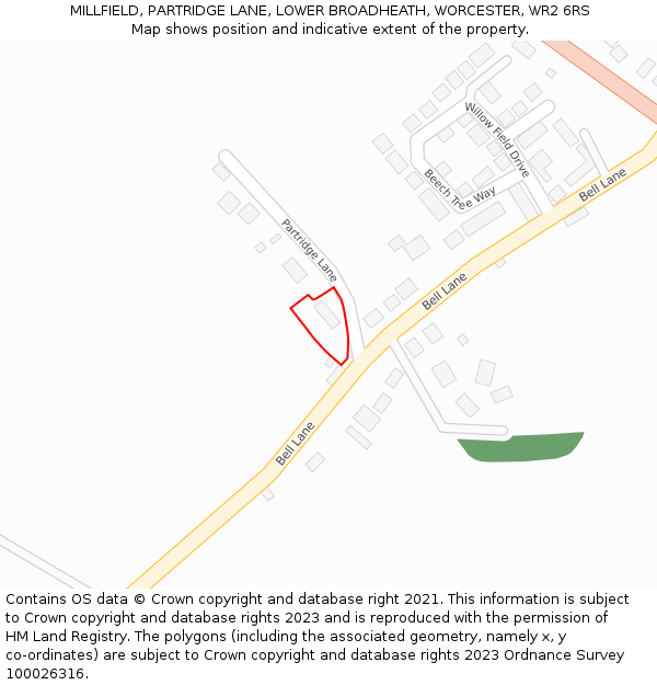 MILLFIELD, PARTRIDGE LANE, LOWER BROADHEATH, WORCESTER, WR2 6RS: Location map and indicative extent of plot