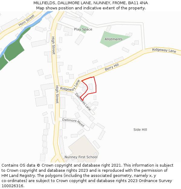 MILLFIELDS, DALLIMORE LANE, NUNNEY, FROME, BA11 4NA: Location map and indicative extent of plot