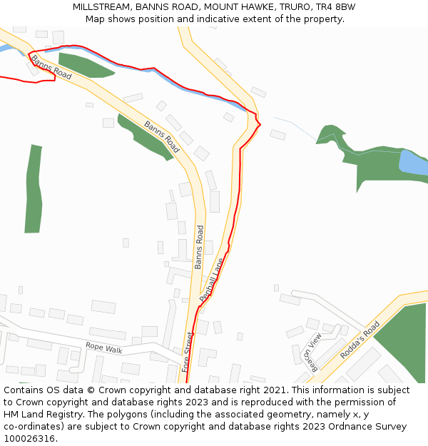 MILLSTREAM, BANNS ROAD, MOUNT HAWKE, TRURO, TR4 8BW: Location map and indicative extent of plot