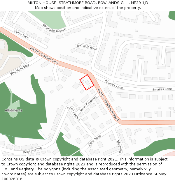 MILTON HOUSE, STRATHMORE ROAD, ROWLANDS GILL, NE39 1JD: Location map and indicative extent of plot