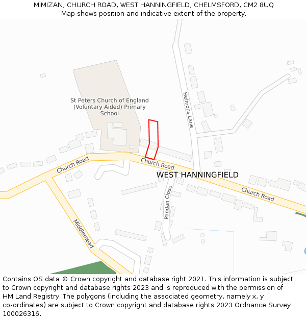 MIMIZAN, CHURCH ROAD, WEST HANNINGFIELD, CHELMSFORD, CM2 8UQ: Location map and indicative extent of plot