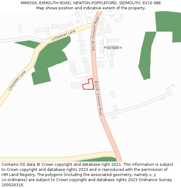 MIMOSA, EXMOUTH ROAD, NEWTON POPPLEFORD, SIDMOUTH, EX10 0BE: Location map and indicative extent of plot
