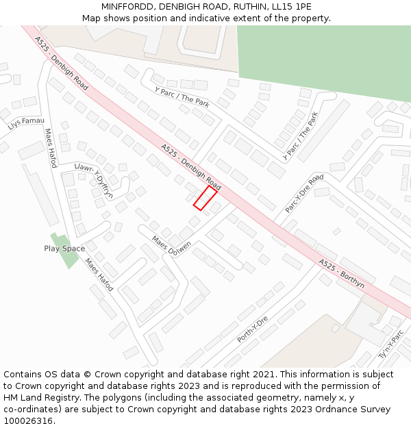 MINFFORDD, DENBIGH ROAD, RUTHIN, LL15 1PE: Location map and indicative extent of plot