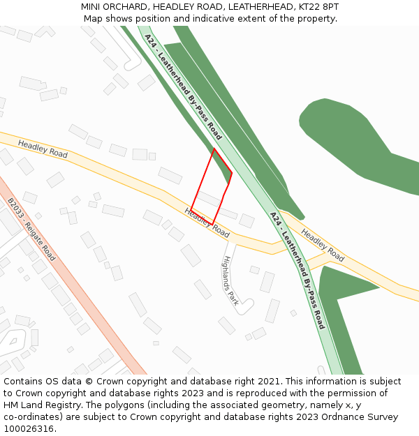 MINI ORCHARD, HEADLEY ROAD, LEATHERHEAD, KT22 8PT: Location map and indicative extent of plot