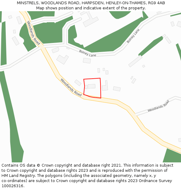 MINSTRELS, WOODLANDS ROAD, HARPSDEN, HENLEY-ON-THAMES, RG9 4AB: Location map and indicative extent of plot