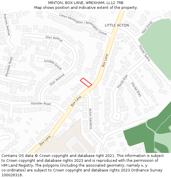 MINTON, BOX LANE, WREXHAM, LL12 7RB: Location map and indicative extent of plot