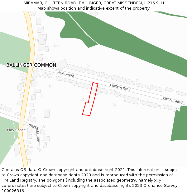 MIRAMAR, CHILTERN ROAD, BALLINGER, GREAT MISSENDEN, HP16 9LH: Location map and indicative extent of plot
