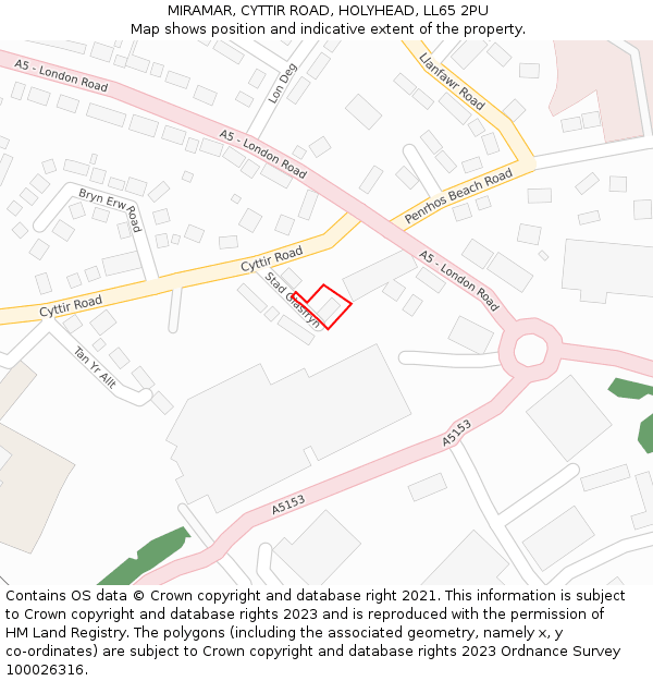 MIRAMAR, CYTTIR ROAD, HOLYHEAD, LL65 2PU: Location map and indicative extent of plot