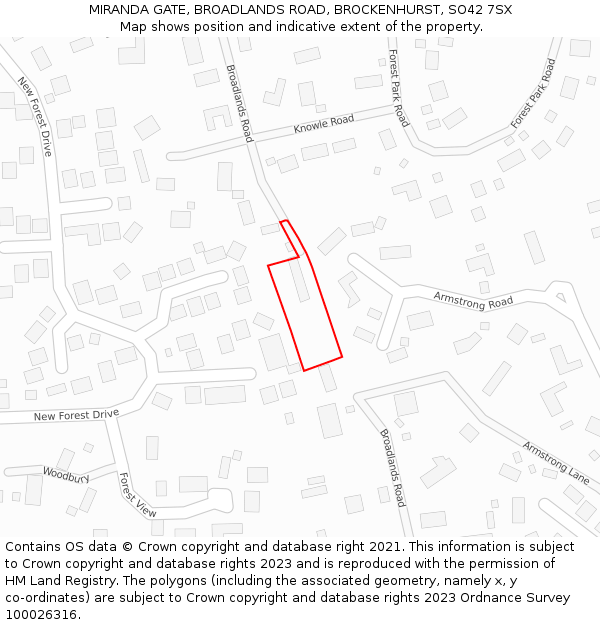 MIRANDA GATE, BROADLANDS ROAD, BROCKENHURST, SO42 7SX: Location map and indicative extent of plot