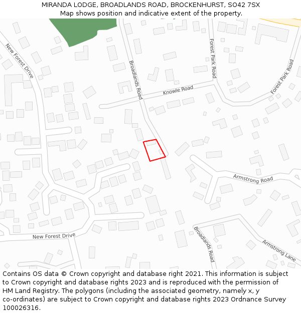 MIRANDA LODGE, BROADLANDS ROAD, BROCKENHURST, SO42 7SX: Location map and indicative extent of plot