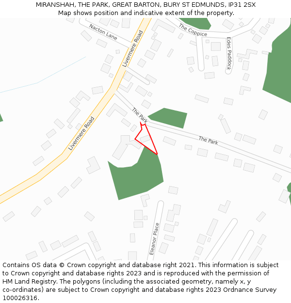 MIRANSHAH, THE PARK, GREAT BARTON, BURY ST EDMUNDS, IP31 2SX: Location map and indicative extent of plot