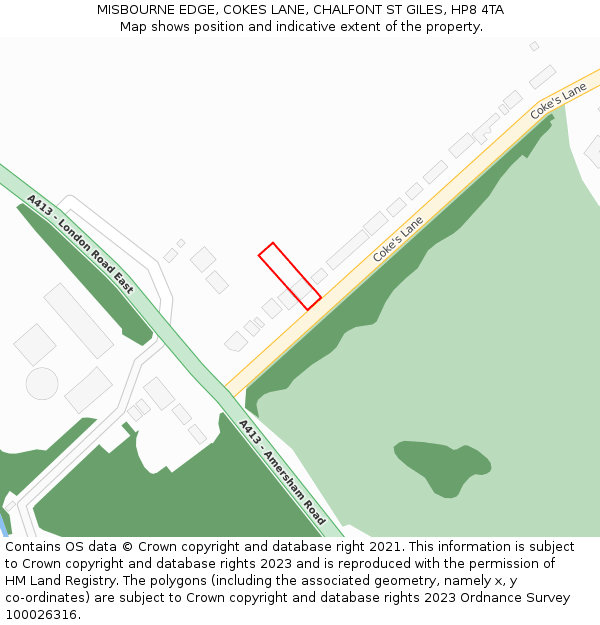 MISBOURNE EDGE, COKES LANE, CHALFONT ST GILES, HP8 4TA: Location map and indicative extent of plot