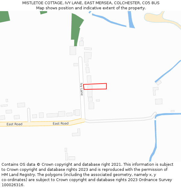MISTLETOE COTTAGE, IVY LANE, EAST MERSEA, COLCHESTER, CO5 8US: Location map and indicative extent of plot