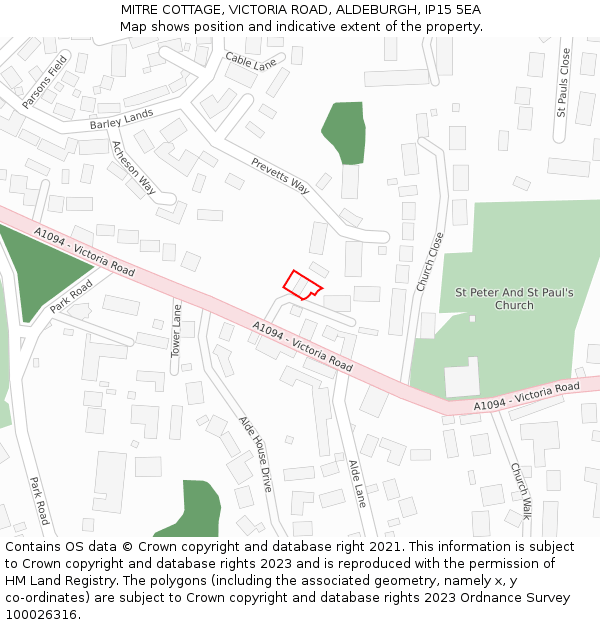 MITRE COTTAGE, VICTORIA ROAD, ALDEBURGH, IP15 5EA: Location map and indicative extent of plot