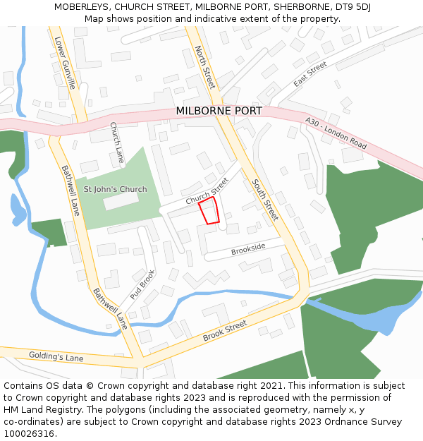 MOBERLEYS, CHURCH STREET, MILBORNE PORT, SHERBORNE, DT9 5DJ: Location map and indicative extent of plot