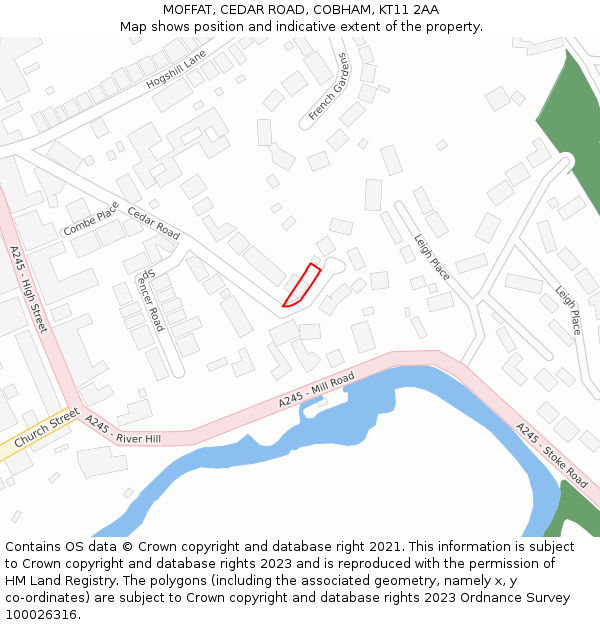 MOFFAT, CEDAR ROAD, COBHAM, KT11 2AA: Location map and indicative extent of plot