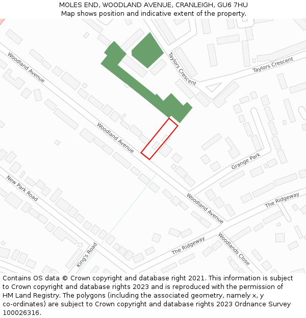 MOLES END, WOODLAND AVENUE, CRANLEIGH, GU6 7HU: Location map and indicative extent of plot