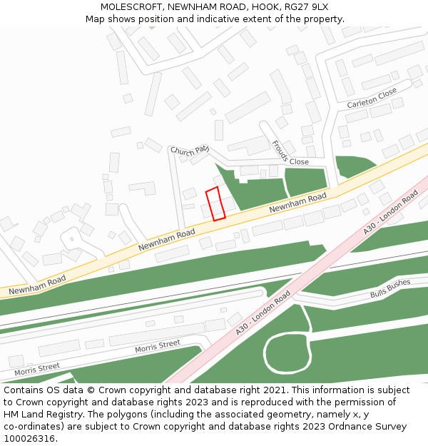 MOLESCROFT, NEWNHAM ROAD, HOOK, RG27 9LX: Location map and indicative extent of plot