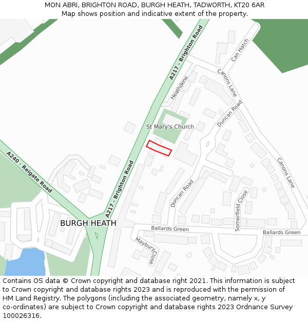 MON ABRI, BRIGHTON ROAD, BURGH HEATH, TADWORTH, KT20 6AR: Location map and indicative extent of plot