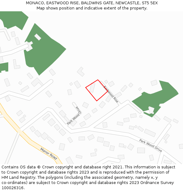 MONACO, EASTWOOD RISE, BALDWINS GATE, NEWCASTLE, ST5 5EX: Location map and indicative extent of plot