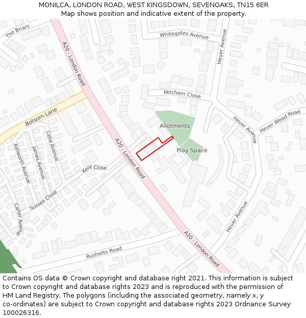 MONILCA, LONDON ROAD, WEST KINGSDOWN, SEVENOAKS, TN15 6ER: Location map and indicative extent of plot