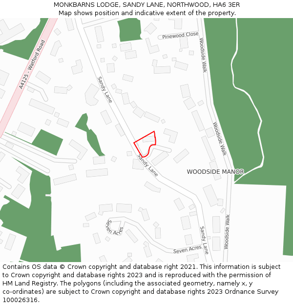 MONKBARNS LODGE, SANDY LANE, NORTHWOOD, HA6 3ER: Location map and indicative extent of plot