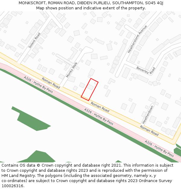 MONKSCROFT, ROMAN ROAD, DIBDEN PURLIEU, SOUTHAMPTON, SO45 4QJ: Location map and indicative extent of plot