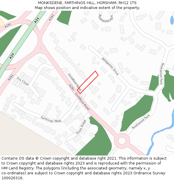 MONKSDENE, FARTHINGS HILL, HORSHAM, RH12 1TS: Location map and indicative extent of plot