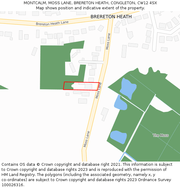 MONTCALM, MOSS LANE, BRERETON HEATH, CONGLETON, CW12 4SX: Location map and indicative extent of plot