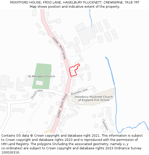 MONTFORD HOUSE, FROG LANE, HASELBURY PLUCKNETT, CREWKERNE, TA18 7RT: Location map and indicative extent of plot