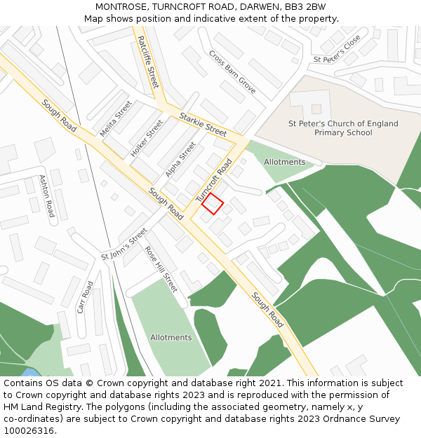 MONTROSE, TURNCROFT ROAD, DARWEN, BB3 2BW: Location map and indicative extent of plot