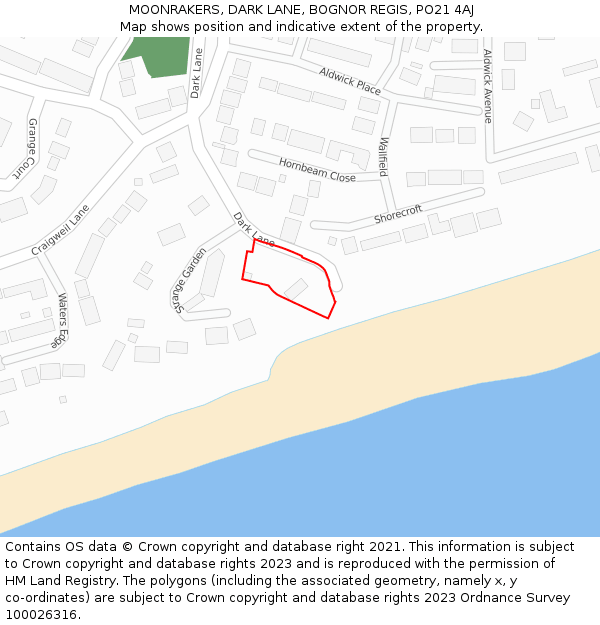 MOONRAKERS, DARK LANE, BOGNOR REGIS, PO21 4AJ: Location map and indicative extent of plot