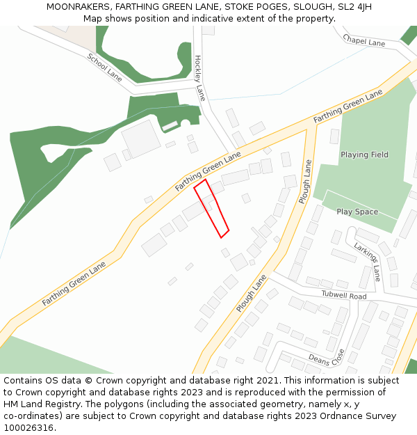 MOONRAKERS, FARTHING GREEN LANE, STOKE POGES, SLOUGH, SL2 4JH: Location map and indicative extent of plot