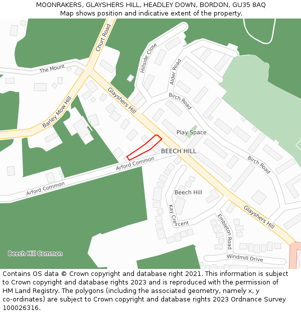 MOONRAKERS, GLAYSHERS HILL, HEADLEY DOWN, BORDON, GU35 8AQ: Location map and indicative extent of plot