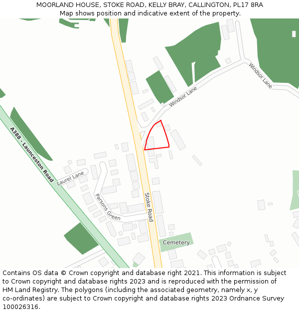 MOORLAND HOUSE, STOKE ROAD, KELLY BRAY, CALLINGTON, PL17 8RA: Location map and indicative extent of plot