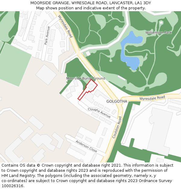 MOORSIDE GRANGE, WYRESDALE ROAD, LANCASTER, LA1 3DY: Location map and indicative extent of plot