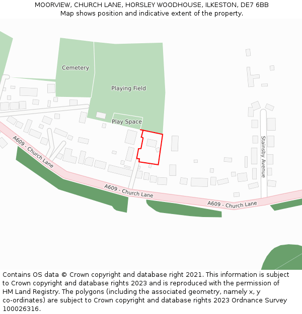 MOORVIEW, CHURCH LANE, HORSLEY WOODHOUSE, ILKESTON, DE7 6BB: Location map and indicative extent of plot
