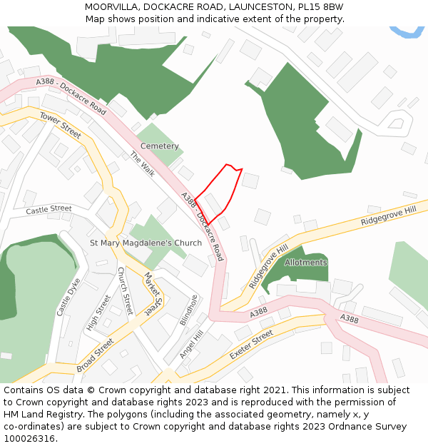 MOORVILLA, DOCKACRE ROAD, LAUNCESTON, PL15 8BW: Location map and indicative extent of plot
