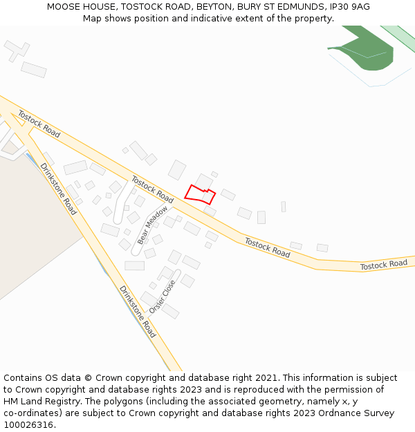 MOOSE HOUSE, TOSTOCK ROAD, BEYTON, BURY ST EDMUNDS, IP30 9AG: Location map and indicative extent of plot