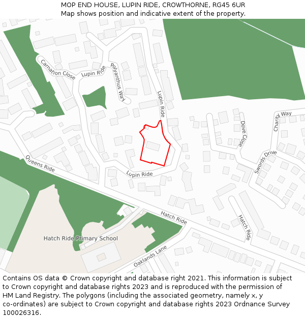 MOP END HOUSE, LUPIN RIDE, CROWTHORNE, RG45 6UR: Location map and indicative extent of plot