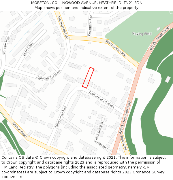 MORETON, COLLINGWOOD AVENUE, HEATHFIELD, TN21 8DN: Location map and indicative extent of plot