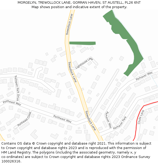 MORGELYN, TREWOLLOCK LANE, GORRAN HAVEN, ST AUSTELL, PL26 6NT: Location map and indicative extent of plot