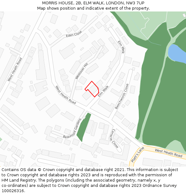 MORRIS HOUSE, 2B, ELM WALK, LONDON, NW3 7UP: Location map and indicative extent of plot