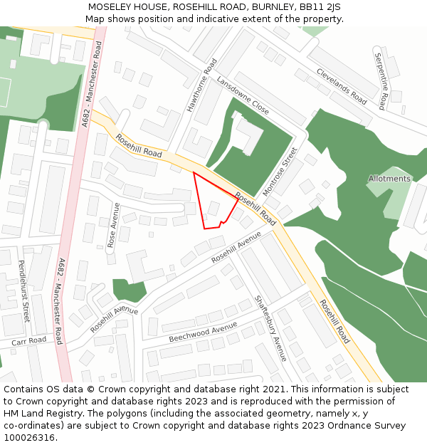 MOSELEY HOUSE, ROSEHILL ROAD, BURNLEY, BB11 2JS: Location map and indicative extent of plot