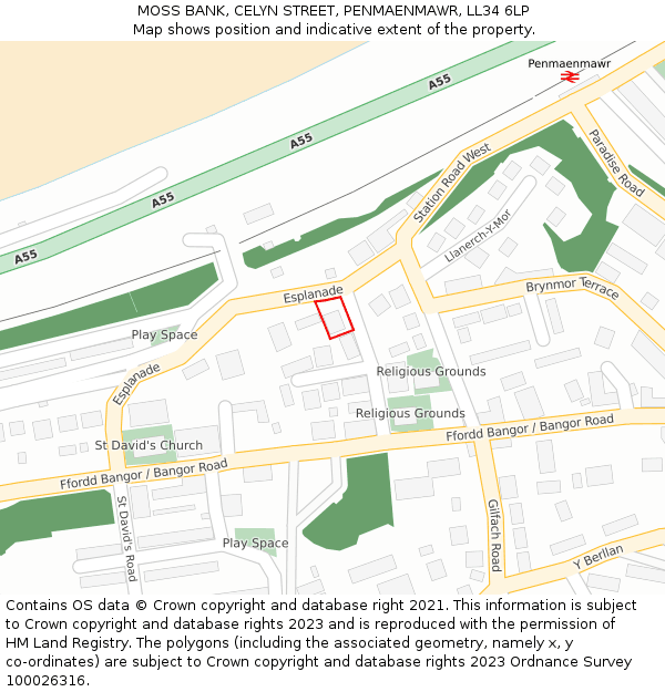 MOSS BANK, CELYN STREET, PENMAENMAWR, LL34 6LP: Location map and indicative extent of plot