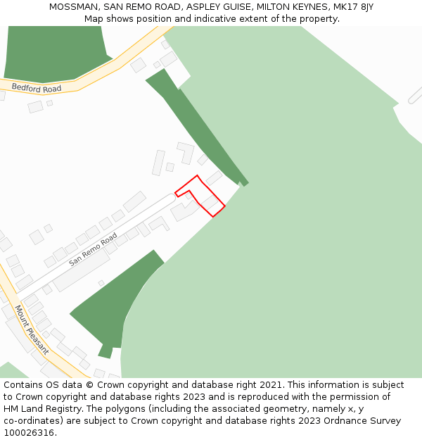 MOSSMAN, SAN REMO ROAD, ASPLEY GUISE, MILTON KEYNES, MK17 8JY: Location map and indicative extent of plot